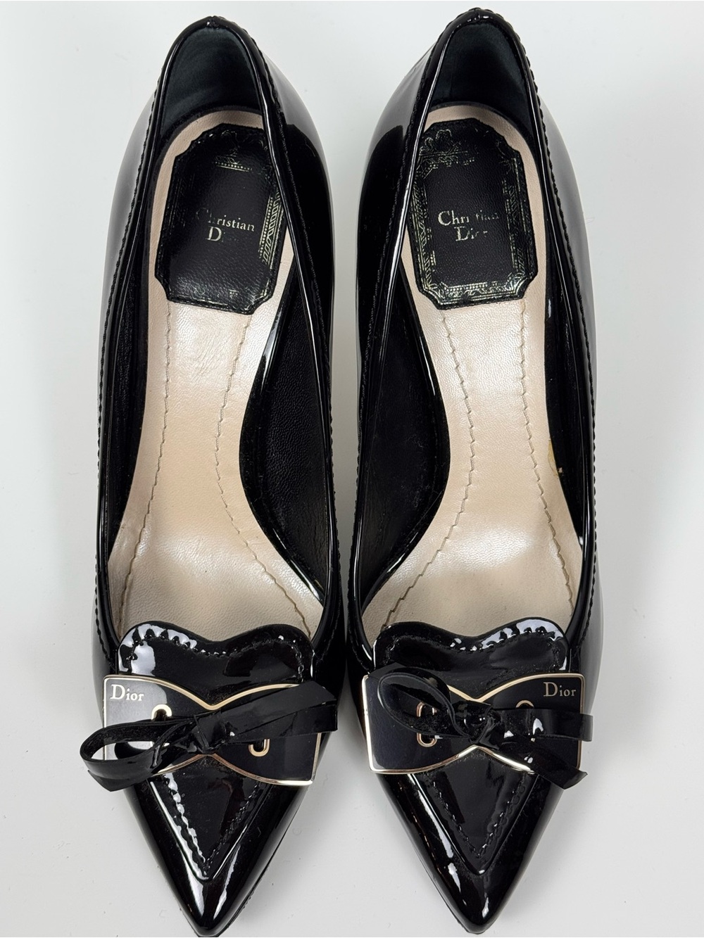 Dior Black Patent Leather Bow Pointed Toe Pumps Heels Size 36 Made in Italy
